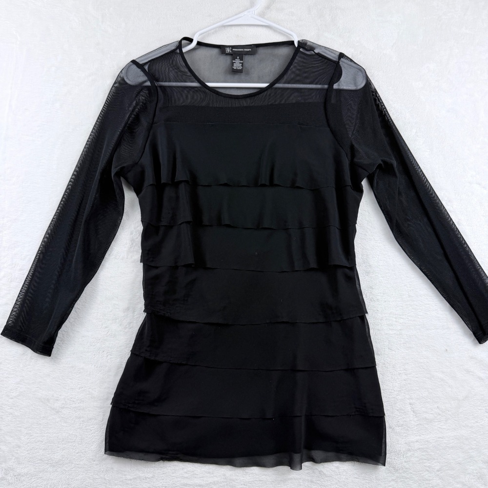 INC International Concepts Top Tiered Ruffle Mesh Sleeve Black Size S